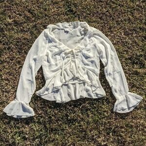 Sheer White Peasant Crop Top Medium Chiffon Lace Ruffle Long Bell Sleeve Blouse